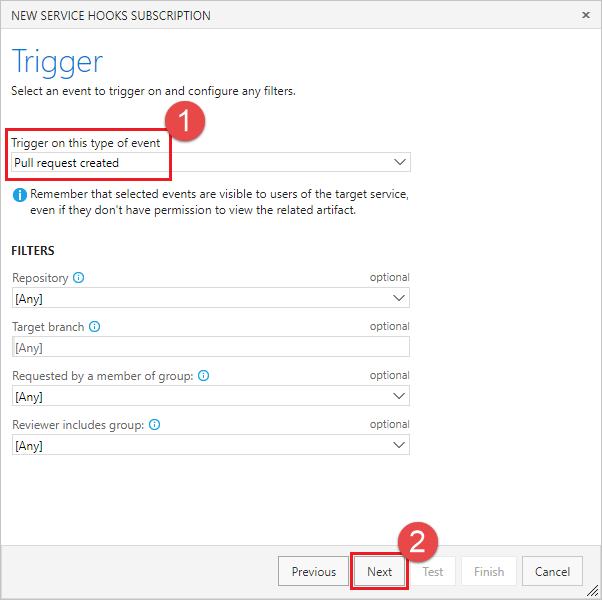 Olay tetikleyicileri listesinden oluşturulan seçili çekme isteğini gösteren ekran görüntüsü.