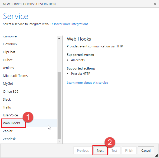Hizmetler listesinden seçilen web kancalarını gösteren ekran görüntüsü.