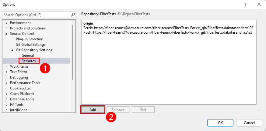 Visual Studio 2019'da Kaynak Denetimi menüsünün Git Deposu Ayarları alt menüsünün Uzaklar bölmesindeki Ekle düğmesinin ekran görüntüsü.