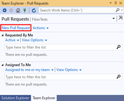 Visual Studio 2019'da Takım Gezgini'nin Çekme İstekleri görünümündeki 'Yeni Çekme İsteği' bağlantısının ekran görüntüsü.