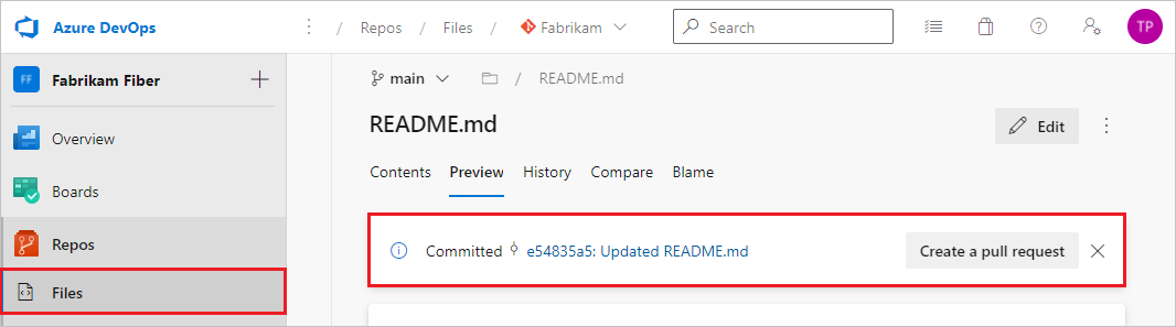 Azure Repos'taki Dosyalar sekmesinde P R oluşturma istemini gösteren ekran görüntüsü.