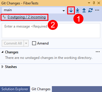 Visual Studio 2019'un Git Değişiklikleri penceresindeki Getir düğmelerinin ve Gelen bağlantısının ekran görüntüsü.