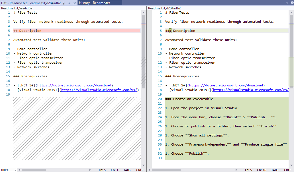 Visual Studio 2022'de dosya fark görünümünün ekran görüntüsü.