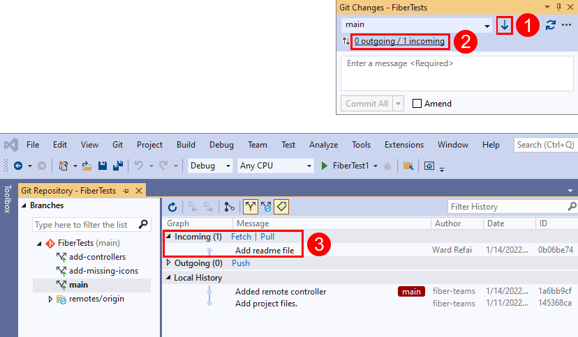 Visual Studio'nun 'Git Değişiklikleri' penceresindeki Getir, Çek, Gönder ve Eşitle düğmelerinin ekran görüntüsü.