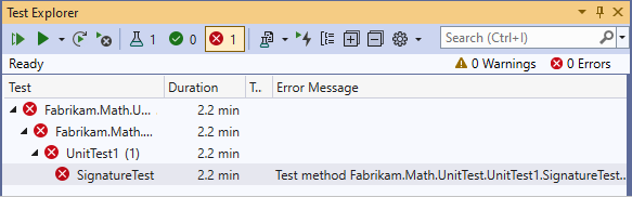 Bir testin başarısız olduğunu gösteren Test Gezgini'nin ekran görüntüsü.