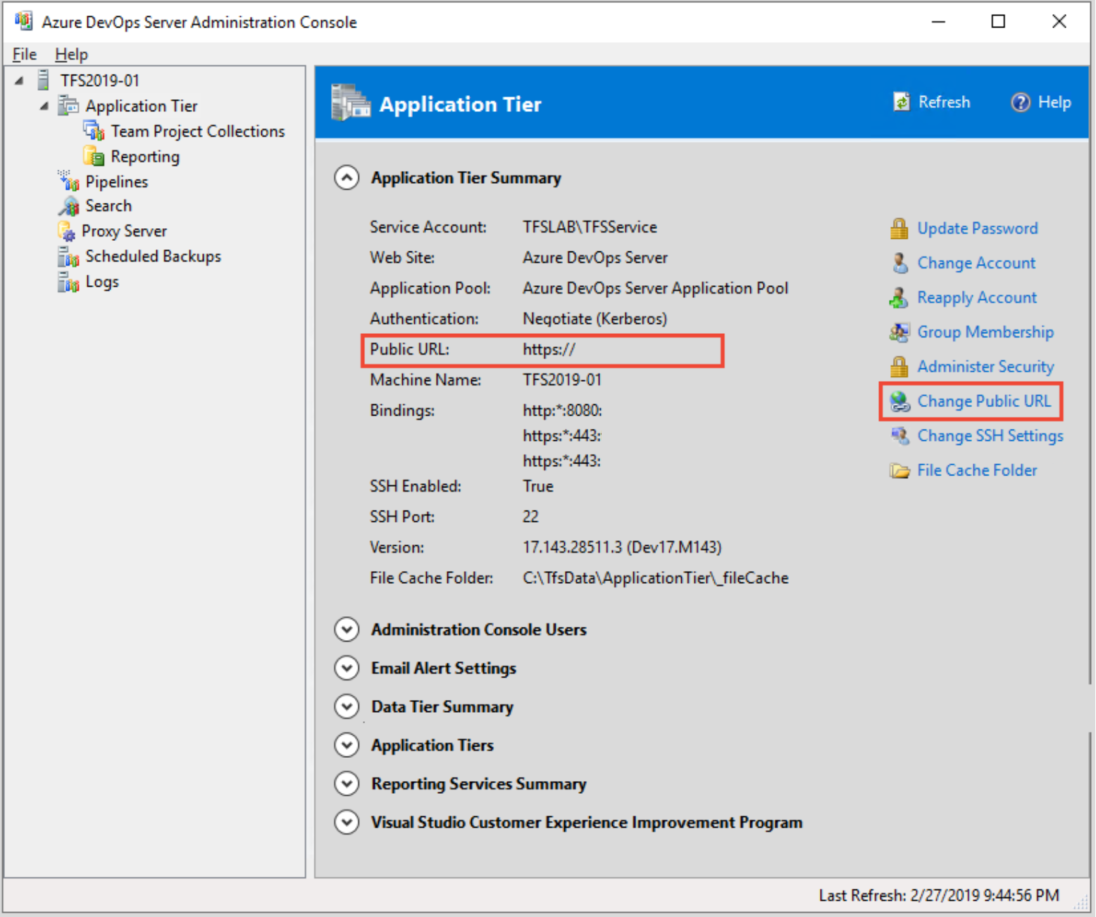 Azure DevOps Server Yönetim Konsolu, Uygulama Katmanı sayfasının ekran görüntüsü, Genel URL'yi değiştir, 2019