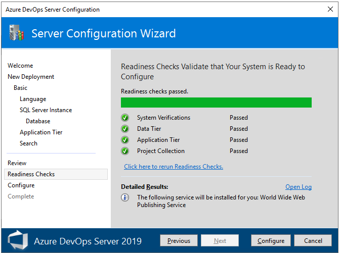 2019 Azure DevOps Server Başlangıç sayfasını yapılandır seçeneğinin ekran görüntüsü.