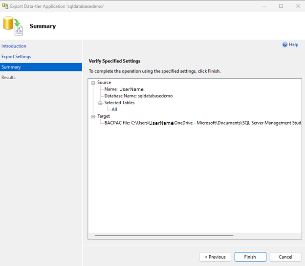 Belirtilen ayarlarınızın özetini gösteren ekran görüntüsü.