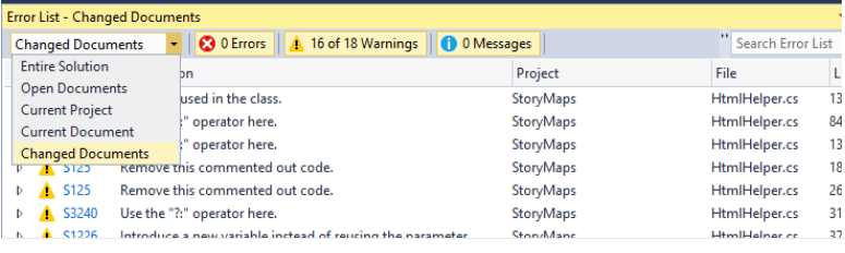 Değiştirilmiş dosyalar tarafından düzenlenen Visual Studio hata listesi filtrelemesi