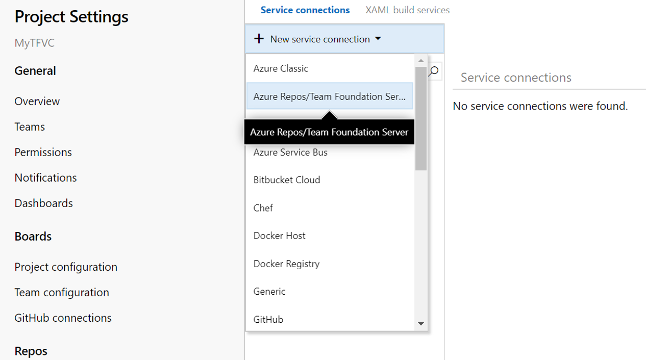 Azure Repos/Team Foundation Server seçeneğinin vurgulandığı Proje Ayarları sayfasının ekran görüntüsü.