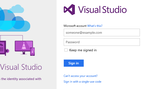Visual Studio oturum açma isteminin ekran görüntüsü.