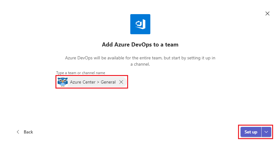 Teams'de Azure DevOps için ayarla'yı seçmeyi gösteren ekran görüntüsü.