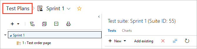 Test planları listesini açma sayfasını gösteren ekran görüntüsü.