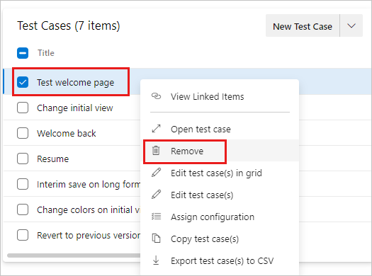 Kaldırılan test durumunu gösteren ekran görüntüsü.