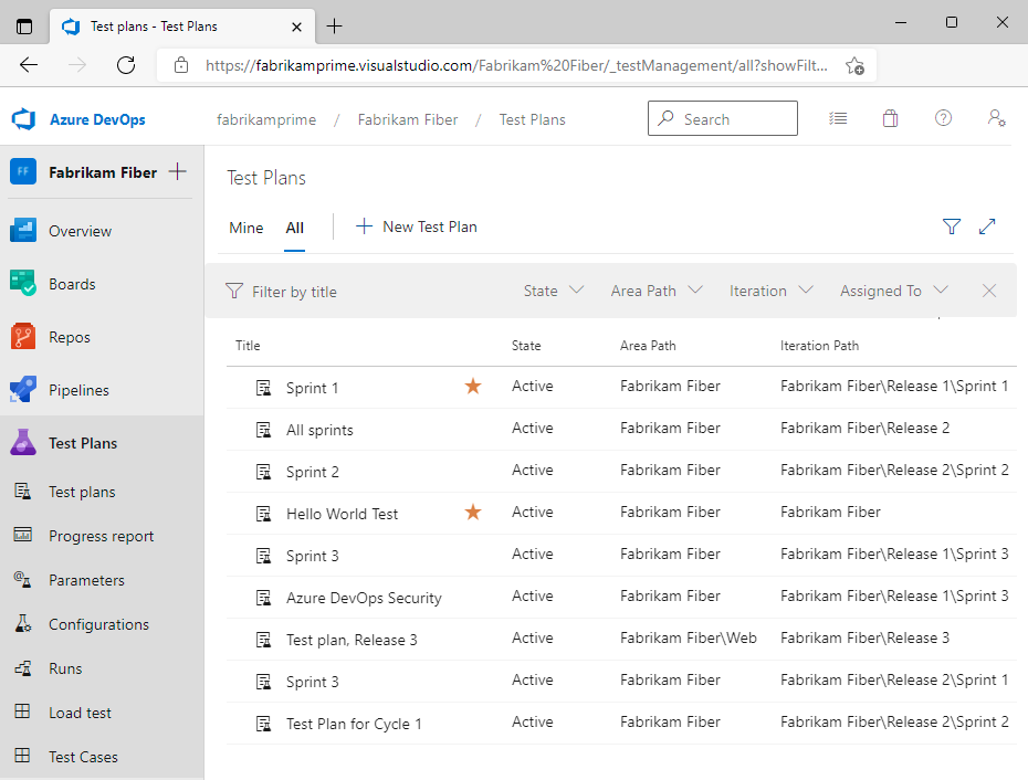 Azure Test Planları, Test Planları, Tümü ekran görüntüsü