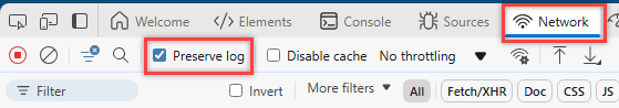 Ekran görüntüsü, Microsoft Edge'de Ağ sekmesinde Günlüğü koru'nun yanındaki onay işaretini gösterir.