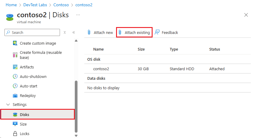 VM'nin Disk sayfasında Mevcut Ekle'nin ekran görüntüsü.