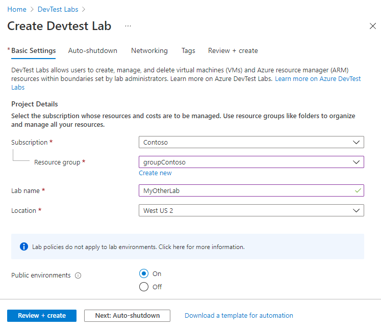 DevTest Labs Oluştur formunun Temel Ayarlar sekmesinin ekran görüntüsü.