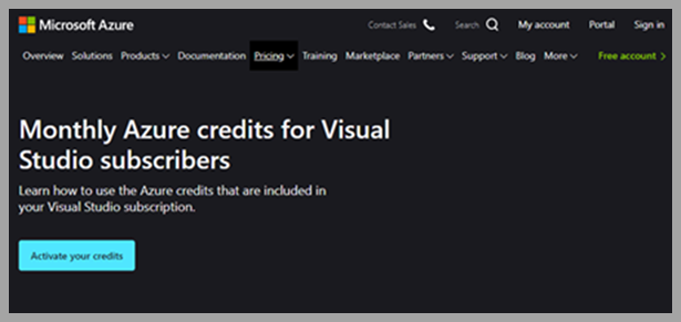 Screenshot of Monthly Azure credits for Visual Studio subscribers page.