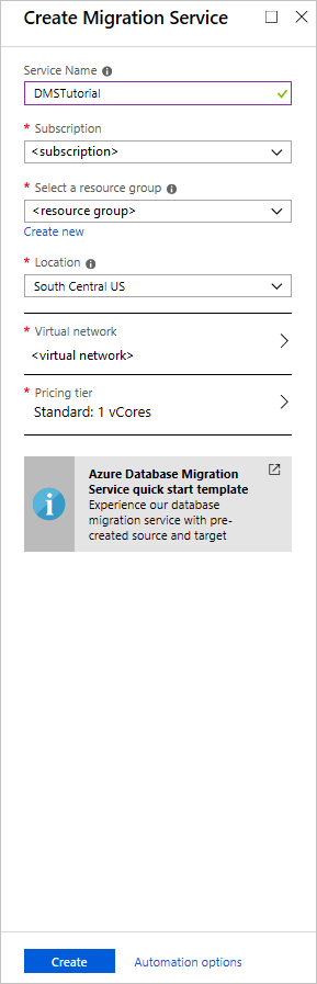 Azure Veritabanı Geçiş Hizmeti örneğinin yapılandırma ayarlarını gösteren ekran görüntüsü.