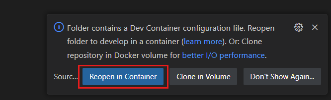Geliştirme kapsayıcısı bağlamında geçerli klasörü yeniden açmak için bildirim baloncuğunun ekran görüntüsü.