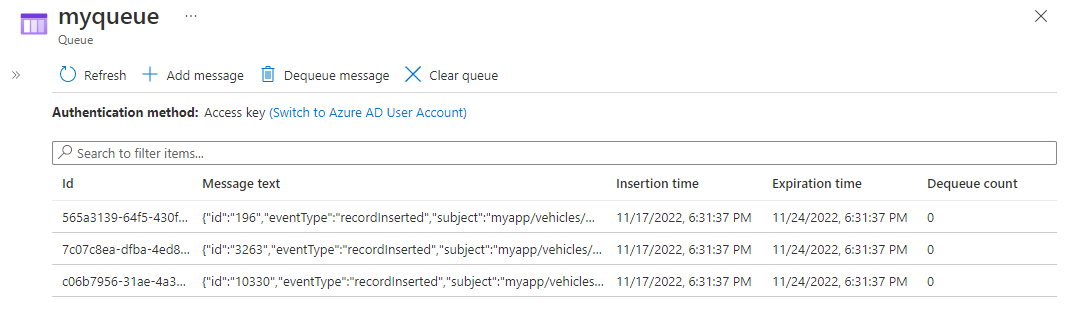Screenshot showing the list of messages in the queue that are received from Event Grid.