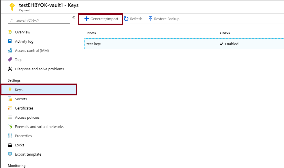 Oluştur veya Import butonu seçilmişken Key Vault sayfasının ekran görüntüsü.