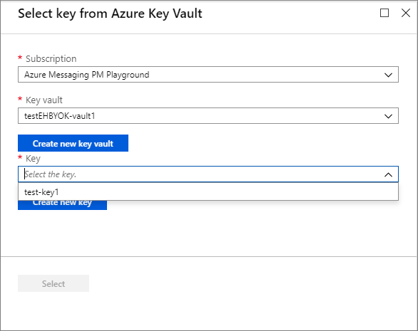 Azure Key Vault sayfasından Select anahtarının ekran görüntüsü.