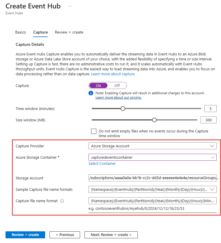 Azure Depolama ayarlarıyla Olay hub'ı oluştur sayfasının Yakalama sekmesinin ekran görüntüsü.