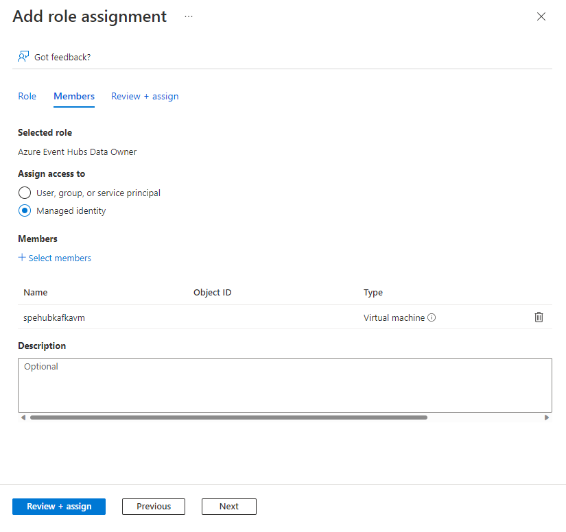 Screenshot showing the Add role assignment page with role assigned to VM's managed identity.