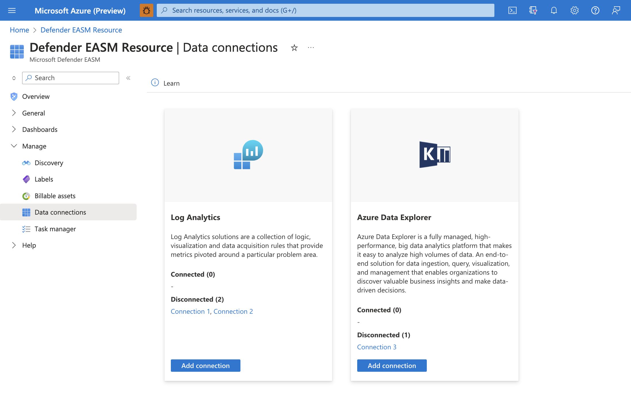 Log Analytics ve Azure Veri Gezgini bağlayıcılarının yanı sıra bağlantı ekleme, düzenleme veya kaldırma seçenekleriyle birlikte veri bağlantıları sayfasını gösteren ekran görüntüsü.