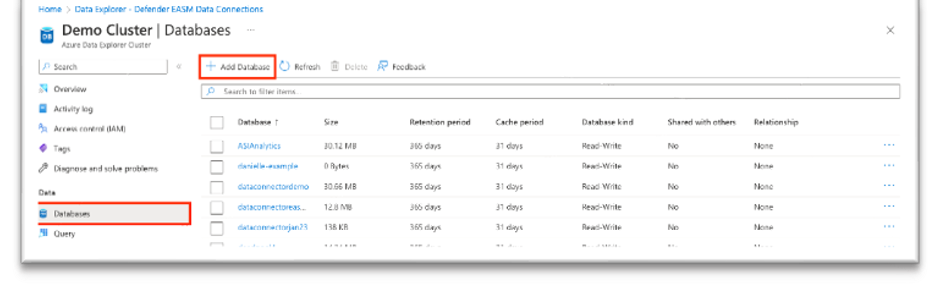 Azure Veri Gezgini'da Veritabanları panelini ve yeni bir veritabanı oluşturmak için Veritabanı Ekle seçeneğini gösteren ekran görüntüsü.
