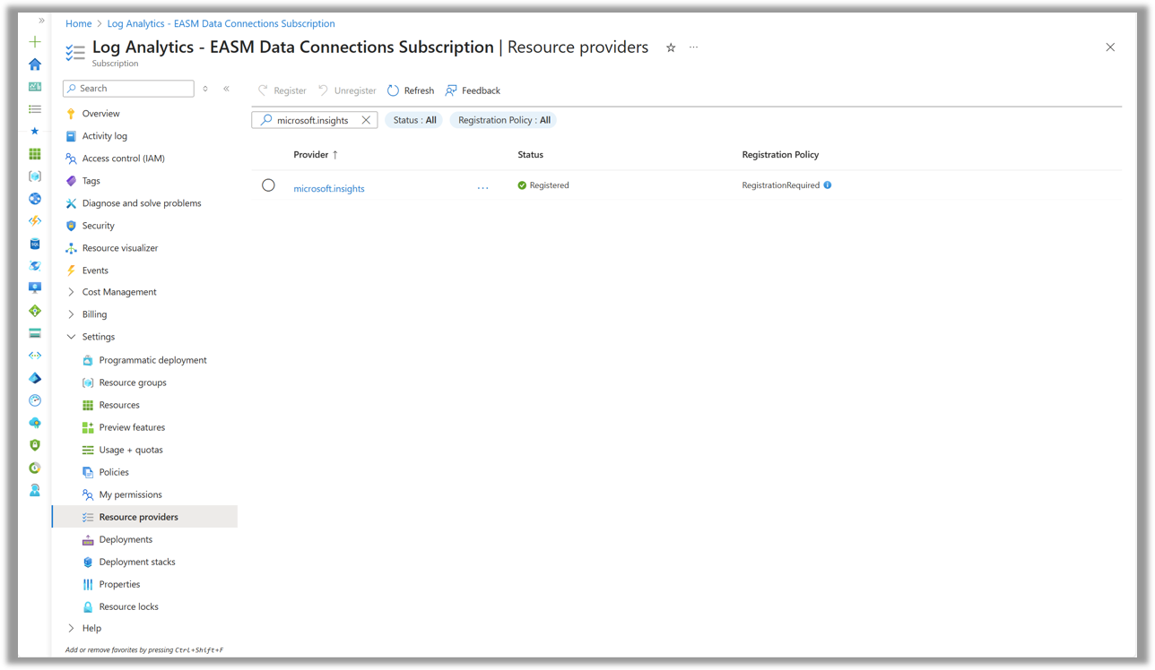 Kayıt için seçilen microsoft.insights sağlayıcısının bulunduğu Kaynak sağlayıcılar listesini gösteren ekran görüntüsü.