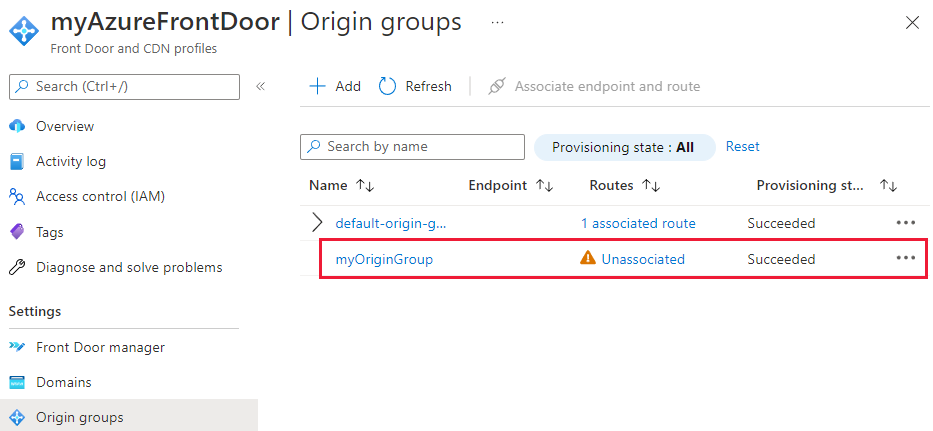 Kaynak grupları listesindeki kaynak grubunun ekran görüntüsü.