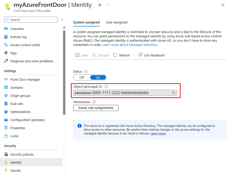 Screenshot of the system assigned managed identity registered with Microsoft Entra ID.