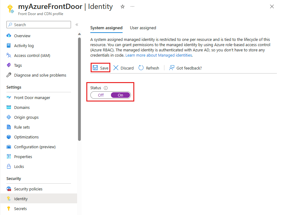 Screenshot of the system assigned managed identity configuration page.