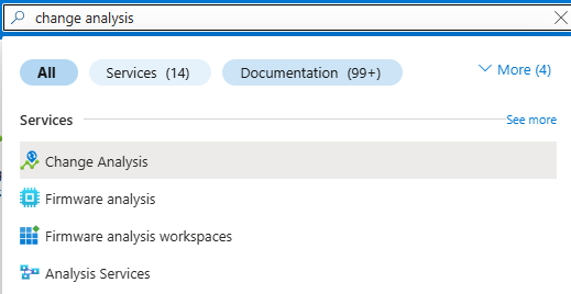 Azure portalında Değişiklik Analizi'ni arama işleminin ekran görüntüsü.