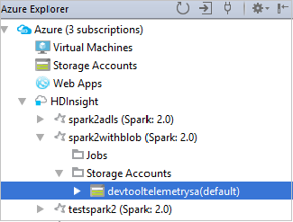 Azure Explorer depolama hesapları.