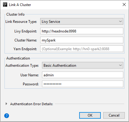 IntelliJ IDEA bağlantı Livy kümesi iletişim kutusu.
