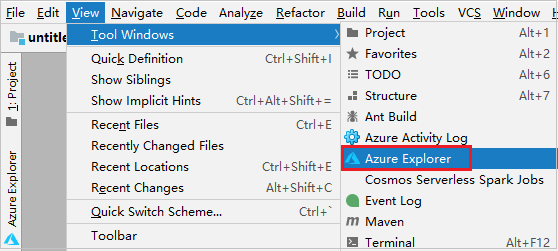 IntelliJ IDEA, Azure Gezgini'ni gösteriyor.