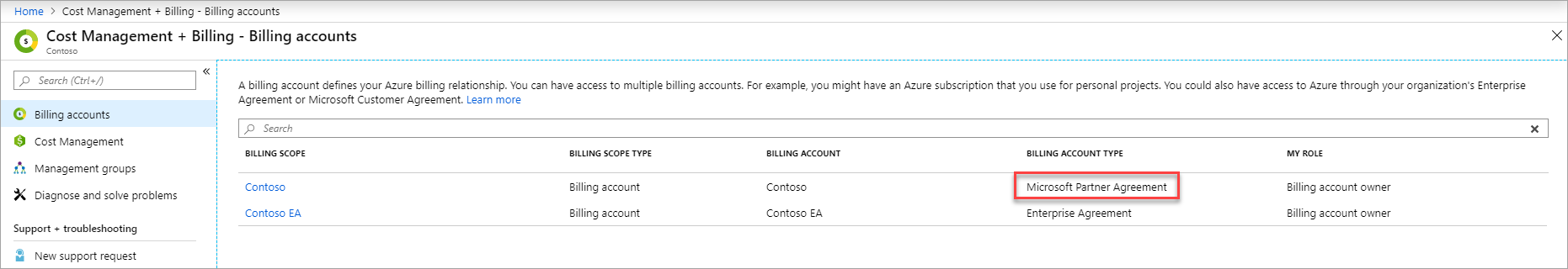 Ödeme hesabı liste sayfasında Microsoft iş ortağı sözleşmesini gösteren ekran görüntüsü
