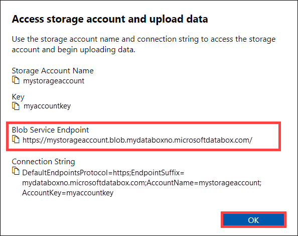 Blob Hizmeti Uç Noktasını kopyalayabileceğiniz Access depolama hesabı ve verileri karşıya yükleme iletişim kutusunu gösteren ekran görüntüsü.