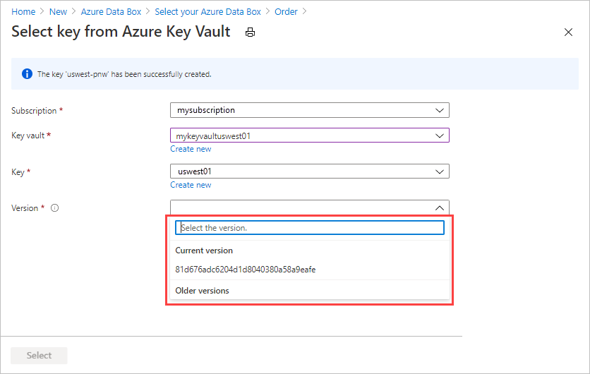 Azure Key Vault'taki 'Anahtar Oluştur' ekranının ekran görüntüsü. Sürüm alanı vurgulanır ve kullanılabilir sürümler görüntülenir.