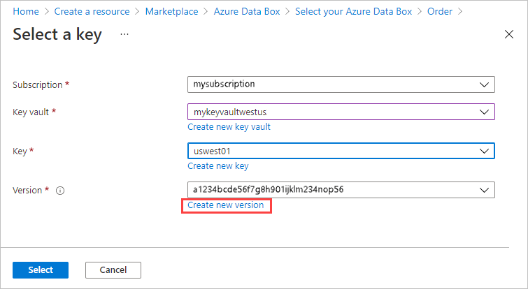 Azure Key Vault'ta Anahtar Oluştur ekranının ekran görüntüsü. Yeni Sürüm Oluştur bağlantısı vurgulanır.