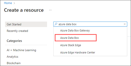 Arama kutusunda Azure Data Box bulunan Azure portalının Yeni bölümünün ekran görüntüsü. Azure Data Box girdisi vurgulanır.