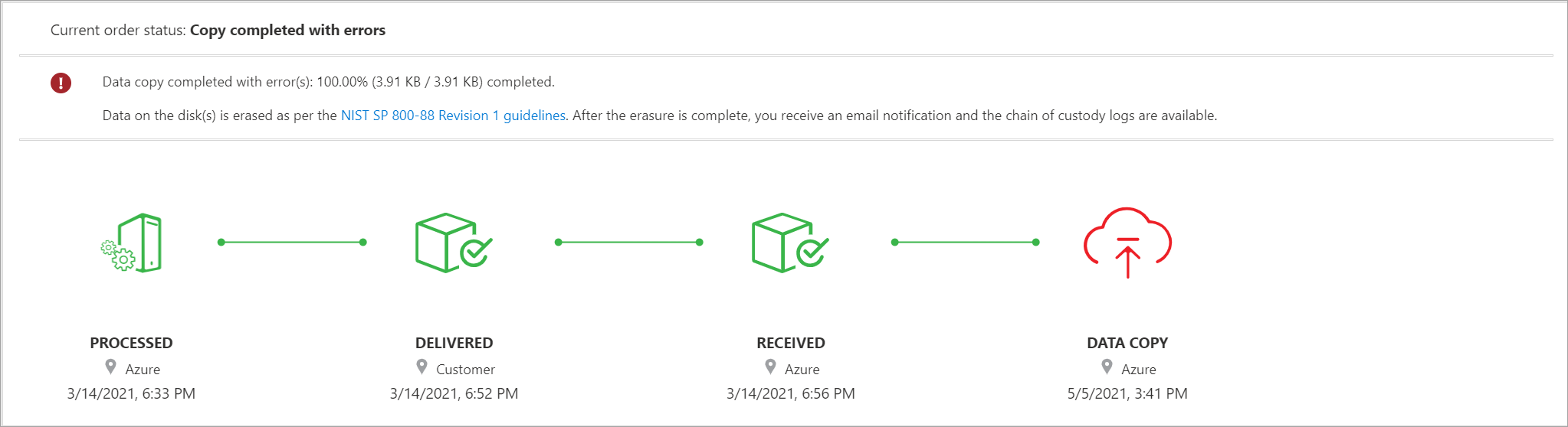 Hatalarla tamamlanan data box içeri aktarma sırası için durum görüntüleme