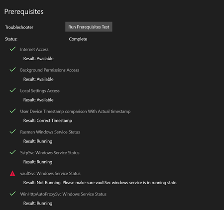 Önkoşul test durumu sonuçlarının ekran görüntüsü.