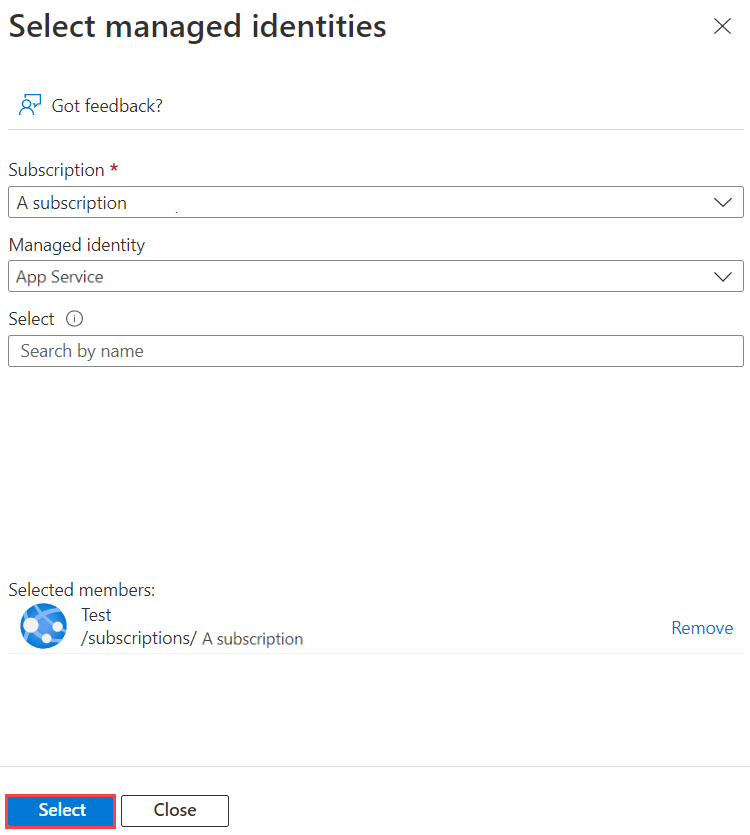Yönetilen kimlikleri seçme sayfasını gösteren ekran görüntüsü.