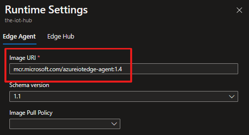 Screenshot that shows where to update the image URI with your version in the Edge Agent.