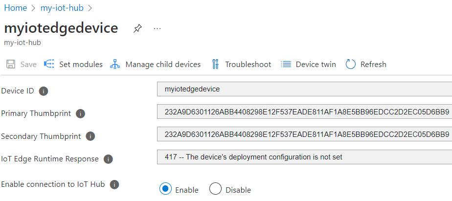 Azure portalındaki IoT Hub cihaz ayarlarının ekran görüntüsü. Sertifika parmak izi alanları yeni değerler gösterir.